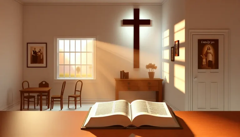 Inviting family room with Christian symbols, indicating a Christ-centered home.
