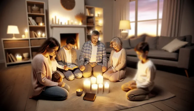 Family in a cozy setting, praying together, surrounded by candles and a Bible, displaying harmony and peace.