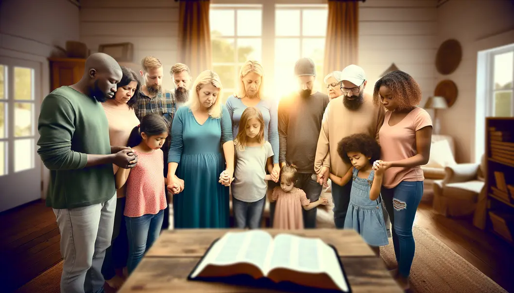 A family prays together in their living room, fostering a spiritual foundation.