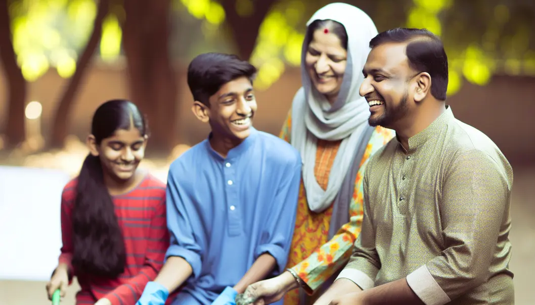 A family prays together in their living room, fostering a spiritual foundation.